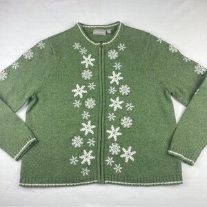 Croft & Barrow Full Zip Embroidered Sweater Womens Petite Large Green Snowflake